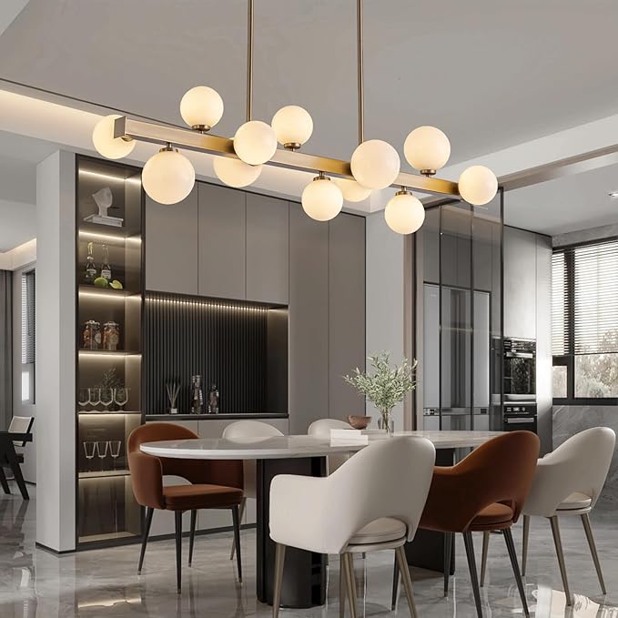 12 Lights Modern Gold Chandelier, L43.3 Linear Frosted Glass Globe Pendant Light, Mid Century Hanging Lighting Fixture for Kitchen Island, Dining Room, Living Room