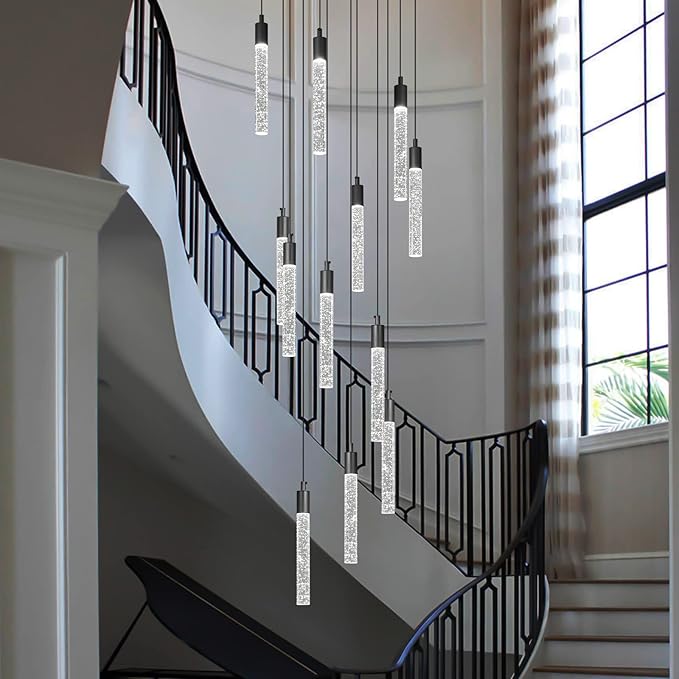 12-Light Modern Living Room Chandelier Black Crystal Ceiling Pendant Lights LED Dimmable 72W 6000K Staircase Large Chandeliers for Entryway Lobby Foyer High Ceiling Chandeliers