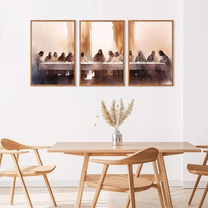 Aurlan Jesus Last Supper Bible Story Wall Art(24"x36"), 3PCS Boho Christ Christian Easter Gifts Canvas Artwork, Neutral Spiritual Religious Faith Decor Prints for Office Home