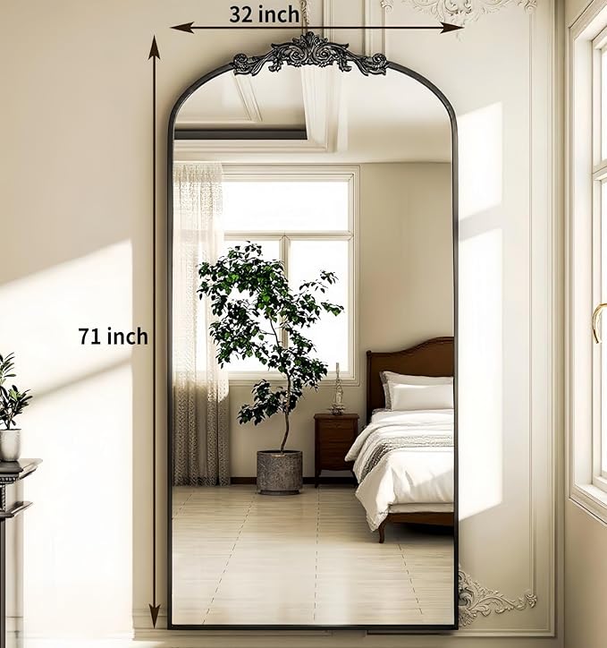 Arched Full Length Mirror, 71"x32" Full Body Mirrors with Carved, Floor Mirror for HomeDecor, Standing/Halling Large Wall Mirror for Bedroom, Living Room, Cloakroom, Black, Retro Style