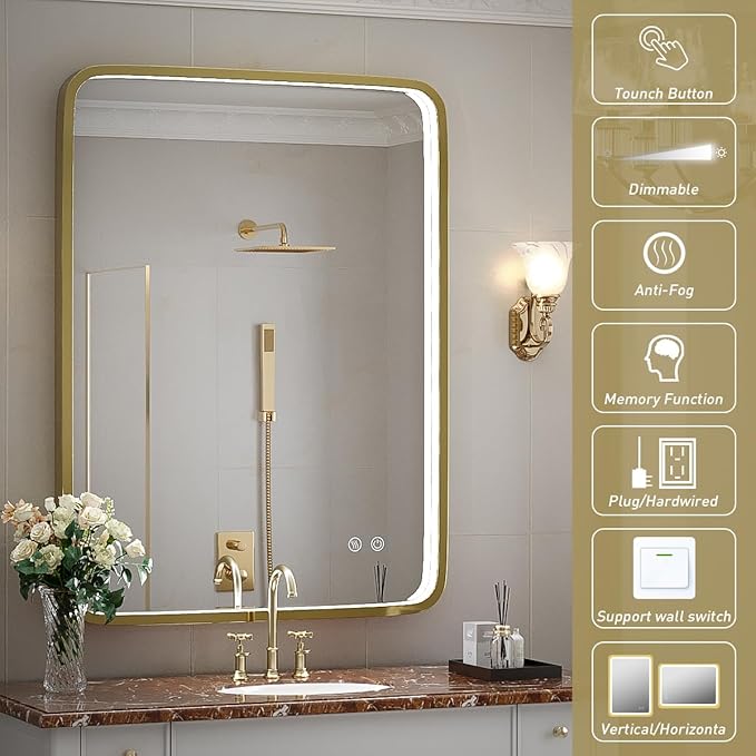 24X32 Inch LED Bathroom Mirror with Lights,Gold Framed Wall Mounted Lighted Vanity Mirrors,Anti Fog Design&Dimmable&Touch Switch,Light up Mirror (Horizontal/Vertical)