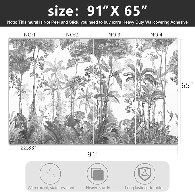 -Grey Jungle Botanical Animal Banana Leaf Fabric Wallpaper Living Room Tropical Plant Forest Leaf Wallpaper Bedroom Bathroom Wall Mural- 91"x65"（ not Peel and Stick）