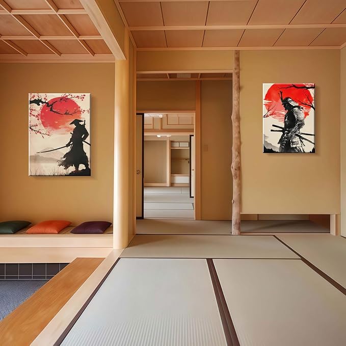 2Pcs Framed Japanese Warrior Canvas Wall Art Samurai Poster Prints Traditional Bushido Artwork Gallery Quality Wall Decor Living Room Bedroom Office Apartment 12X16 Inch Ready to Hang