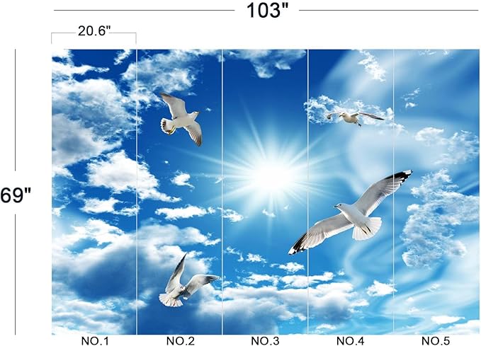 Blue Sky, White Clouds, Sunshine Seagull Ceiling Wall Mural Wallpaper 103" x 69"