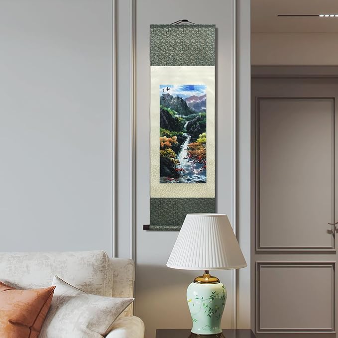 AtfArt Asian Wall Decor - Beautiful Silk Scroll Painting of Four Seasons Landscape (Autumn) - Oriental Decor - Chinese Art Wall Scroll - 36.2 x 12in