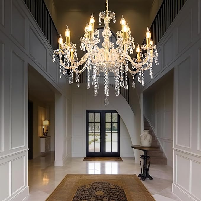 MALOSA Luxury Gold Large Crystal Chandelier for Living Room,Dining Room,Bedroom,Hallway 15 Lights 30.7"