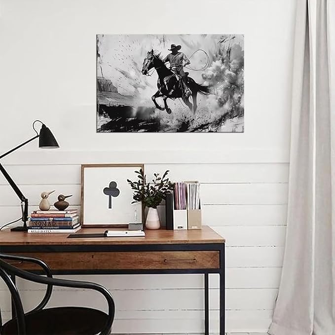 Black and White Western Cowboy Pictures Wall Decor for Bedroom Living Room Office Home Decortion Prints Framed(24L x 32W)