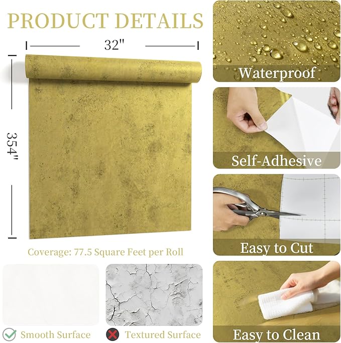 32"x354" Gold Foil Contact Paper Vintage Faux Golden Concrete Peel and Stick Wallpaper Matte Antique 3D Textured Vinyl Waterproof Thick Contact Paper for Kitchen Cabinets Office Decor