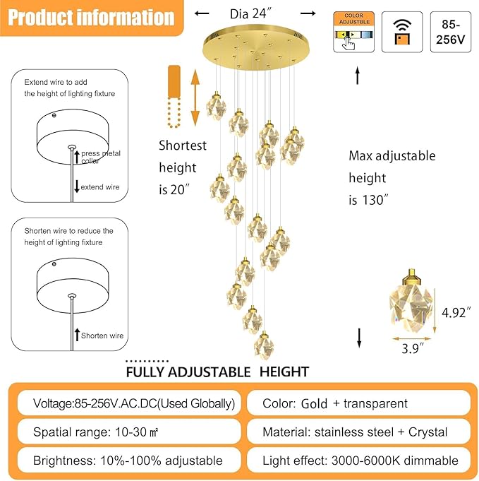 16-Lights Gold Long Spiral Staircase Crystal Chandelier 130 inch Foyer Entrance High Ceiling Chandelier Lighting LED Dimmable 3000-6000K
