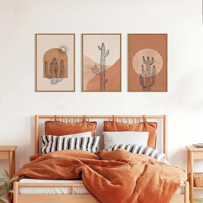Ausril Boho Minimalist Cactus Framed Canvas Wall Art Set, Mid Century Saguaro Wall Decor, Abstract Geometric Desert Wall Painting, Beige Brown Plant Art Prints for Living Room, Bedroom, Office 16"X24"X3