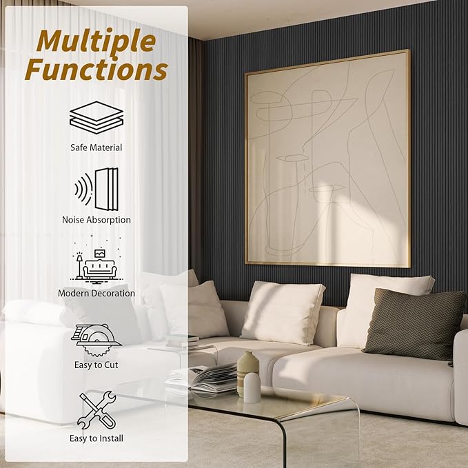 4-Piece Acoustic Wood Wall Panels for Wall and Ceiling, 3D Fluted Soundproof Wood Slat Wall Panels for Interior Wall Decor, 94.5" x 7.9"-Black