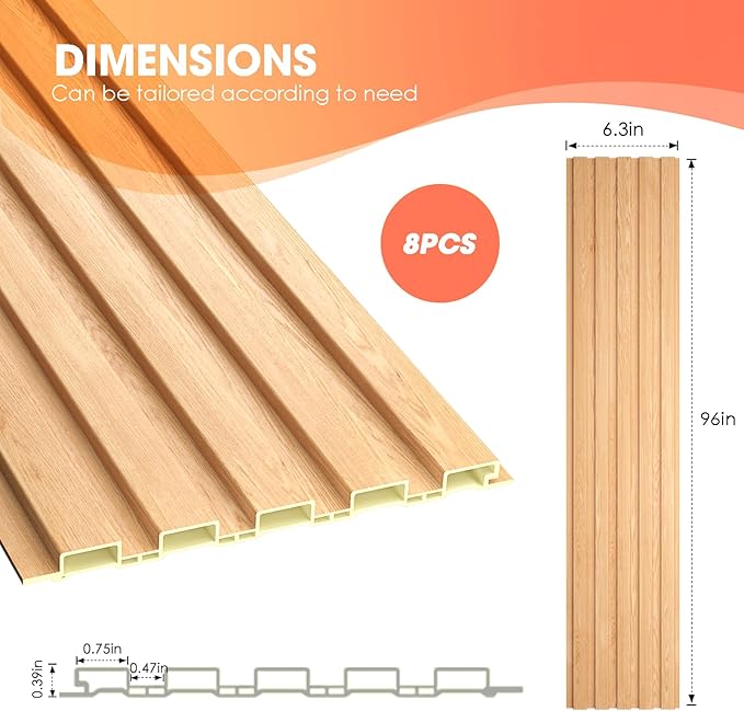 OUZUGIE WPC Acoustic Slat Wall Paneling, 8-Pack 96 x 6 Inches 3D Wall Panels for Interior Wall Decor,Living Room,TV Background,Study Room,Office Spaces,Bedroom,Low Grille (Oak)