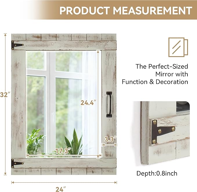 Oakrain Farmhouse Mirror, 24x32 Inch Distressed Gray Wood Frame with Black Metal Hinges, Rustic Wall Mirror for Bathroom, Living Room, Entryway, Bedroom