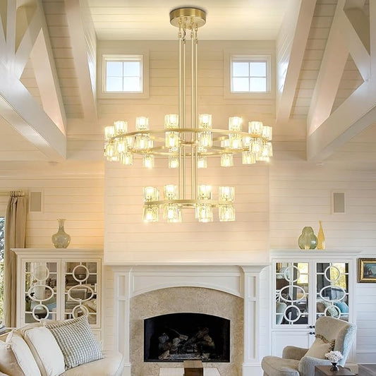 D16''+D32'' 2 Tier Gold Wagon Wheel Chandelier, 48-Lights Farmhouse Pendant Light Fixture, Round Rustic Hanging Lighting for Dining Room Kitchen Island Foyer Entryway