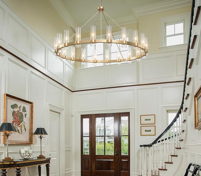 60" Gold Wagon Wheel Chandelier, Large 20-Light Farmhouse Round Pendant Light Fixture with Glass Shade, Hanging High Ceilings Chandeliers for Dining Room Kitchen Foyer Entryway Living Room