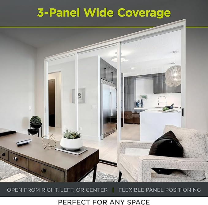 3-Panel Clear Glass Sliding Room Divider - Tempered Glass Wall Separator Screen for Office, Home, Workstation, Cubicle, Desk - Commercial & Residential Partition - 90" W x 80" H, White Frame