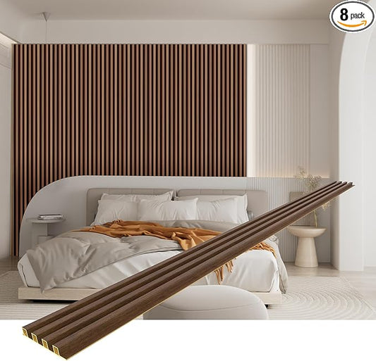 8-Pack WPC Slat Wall Panels, 96 x 6.6 in Decorative Acoustic Slats 3D Wall Panels, Water-Proof and Easy Installation,Walnut