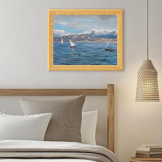 Brivoria Framed Canvas Wall Art Vintage Decor, Impressionist Coastal Scene with Sailboats and Ocean Texture Under Moody Sky for Hallway Entryway or Nautical Accent Wall Decoration, 13"x16"