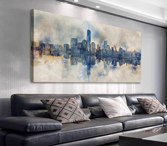 New York City Canvas Wall Art Navy Blue Pictures Abstract Paining City Reflection in Water Canvas Painting Modern City Skyline Canvas Prints Artwork for Living Room Bedroom Office Wall Decor 20" x 40"