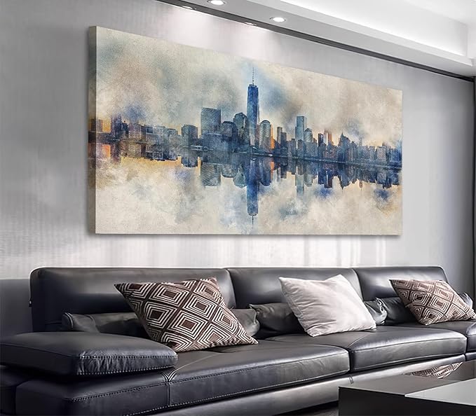 New York City Canvas Wall Art Navy Blue Pictures Abstract Paining City Reflection in Water Canvas Print Modern City Skyline Canvas Artwork for Living Room Bedroom Office Wall Decor 24" x 48"