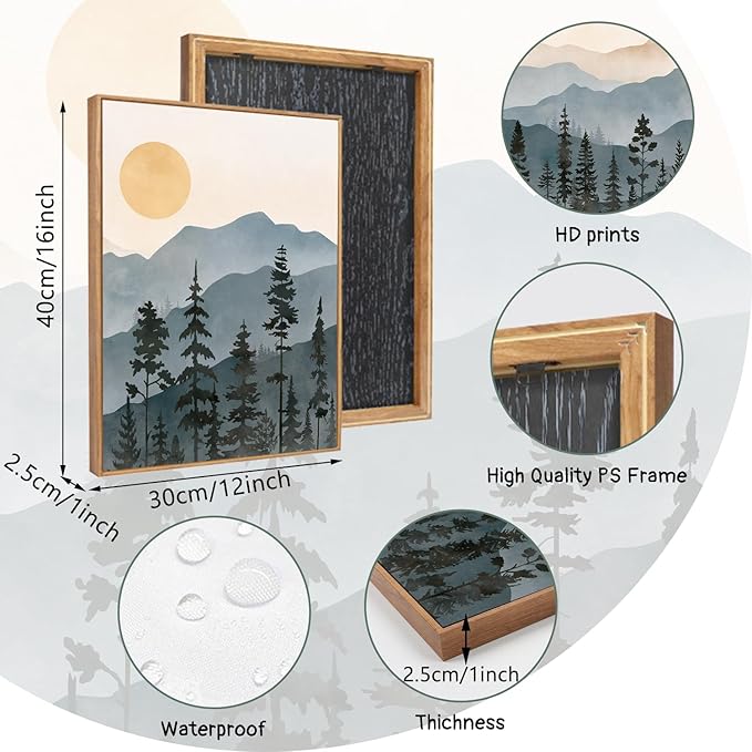 LHIUEM Boho Mountain Framed Canvas Wall Art Set of 3(12”X16”) Forest Pine Tree Wall Decor Nature Sunrise Wilderness Landscape Art Painting Forest Wall Art for Living Room Bedroom Dining Room Office