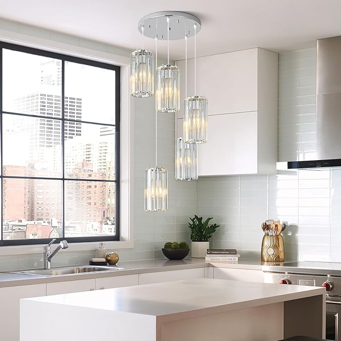 Chrome Pendant Lighting Modern Pendant Light, Mini Crystal Chandeliers,Adjustable Pendant Light Fixture for Kitchen Island Dinning Room Corridor Bedroom…(Gold 5-Light)