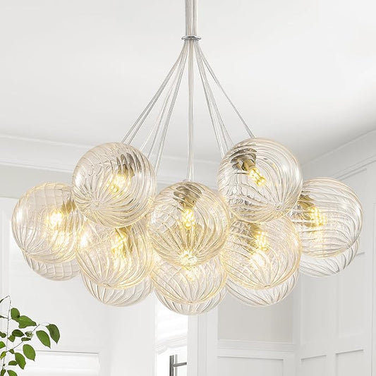 Modern Nickel Glass Bubble Chandelier: 23.6" Large Dining Room Light Fixture - Nordic Swirled Clear Glass Ball Chandelier - Globe Ball Chandeliers for Kitchen Living Room Bedroom Bathroom Entryway