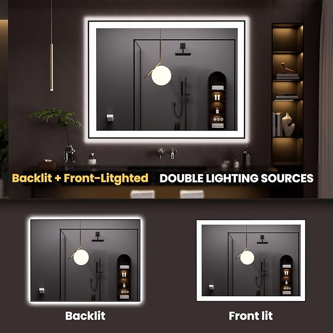 LOAAO 48"X36" LED Bathroom Mirror Black Framed, Anti-Fog, Dimmable, Lighted Bathroom Vanity Mirror for Wall, Memory Function, Tempered Glass