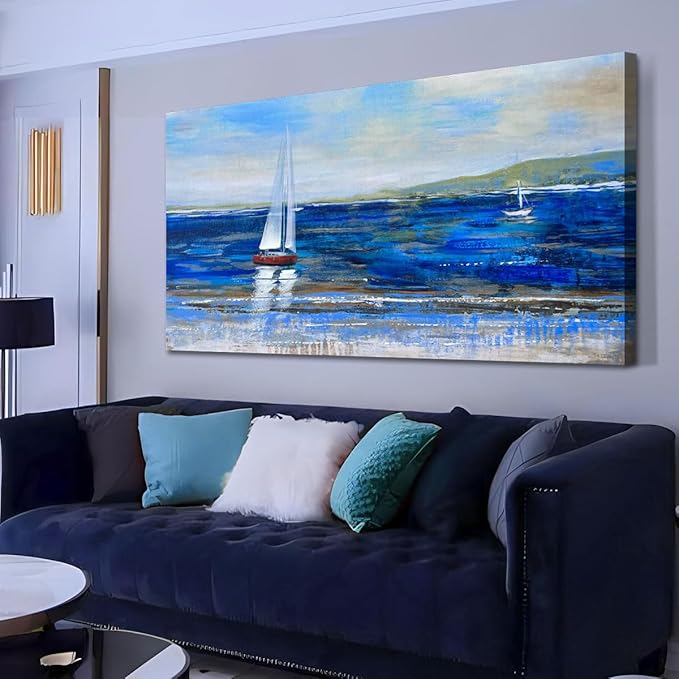 Ardemy Blue Abstract Canvas Wall Art for Living Room Sailboat Large Wall Decor Painting Picture Bedroom Textured Nautical Navy Blue Seascape Artwork Art for Home Office,48"x24"