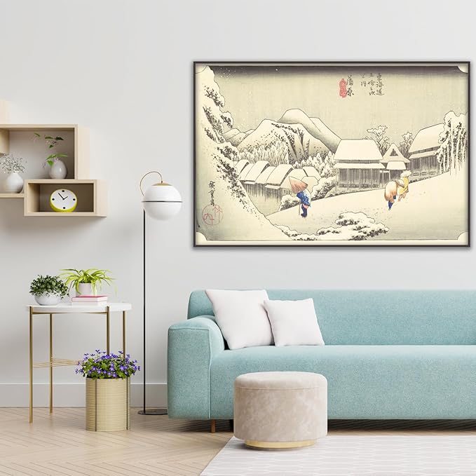 OKRA A Snowy Evening at Kambara Station Poster by Utagawa Hiroshige Canvas Art Print - Traditional Japanese Painting Snow Pictures Landscape Wall Decor for Kitchen Bedroom Unframed(12×16in/30×40cm)