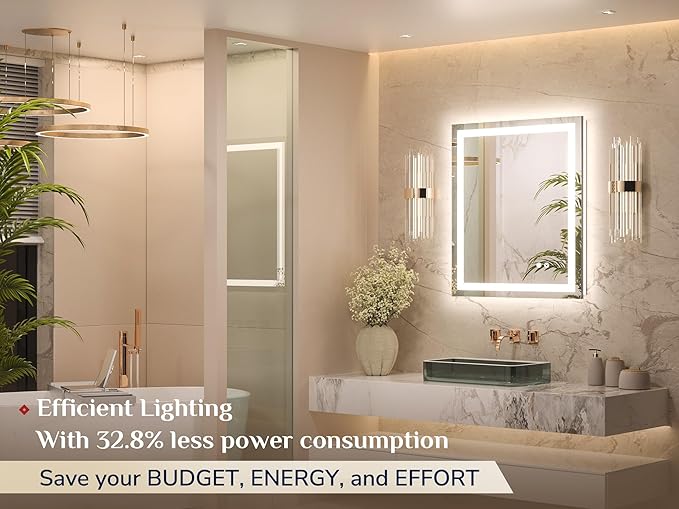 Keonjinn 24 x 30 Inch Bathroom Mirror with Lights, LED Vanity Mirror with Frontlit & Backlit, Stepless Dimmable 3-Color Temperature, Lighted Mirror with Anti-Fog, Tempered Glass(Horizontal/Vertical)