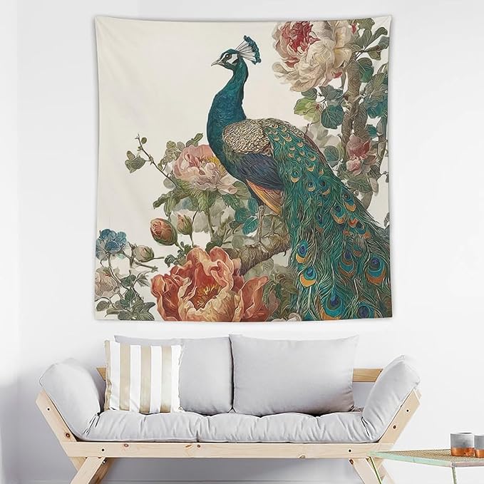 UUKXKUU Peacock Oriental Retro Blooming Flowers Tree Tapestry Flag Backdrop Wall Hanging Large Wall Art Decor for Dorm Office Bedroom Living Room 60"×60"