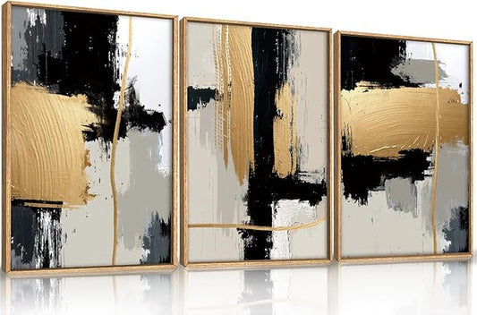 Abstract Black Gold Framed Canvas Wall Art Set,Modern Minimalist Black White Wall Decor,Neutral Color Block Line Art Print for Living Room,Bedroom,Dining Room,Office-16 x24 x3