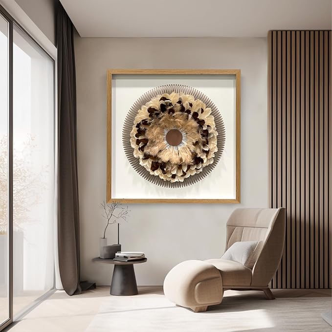 BrightA Handmade Bohemian Wall Art Circular Feather and Leather Wall Sculpture with Organic Textured Gray Backdrop Boho Decor for Living Room Study Spaces 31.5"x31.5"