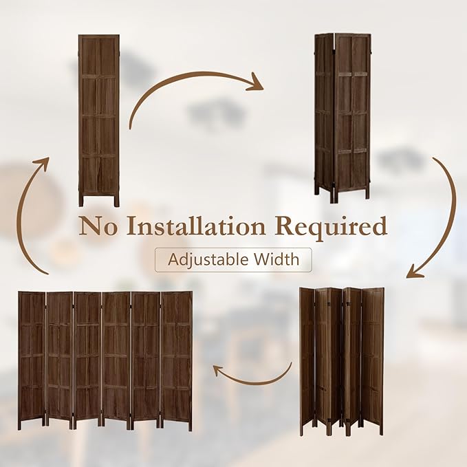 6 Panel Room Divider, 5.6Ft Wood Room Dividers and Folding Privacy Screens, Room Divider Wall Freestanding Room Partitions, Room Dividers Screen for Home Office Restaurant Bedroom, Dark Brown