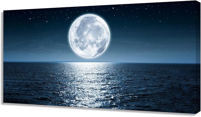 Aibonnly Wall Art Canvas Print Moon Sea Ocean Landscape 1 Panels Full moon Picture Painting Framed and Stretched Ready to Hang for Living Room Bedroom Office Home Decor Artwork 20x40inch