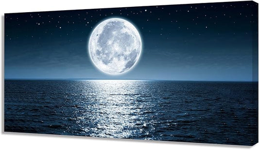 Aibonnly Wall Art Canvas Print Moon Sea Ocean Landscape 1 Panels Full moon Picture Painting Framed and Stretched Ready to Hang for Living Room Bedroom Office Home Decor Artwork 20x40inch