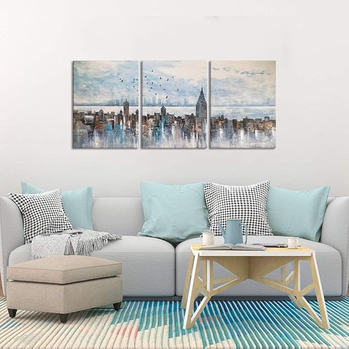 MAMAGO Modern City New York Landscape Wall Decor Skyline Birds Canvas Print Painting for Living Room Kitchen Bedroom Wall Art Framed Easy to Hang-12x16 inch x3pcs