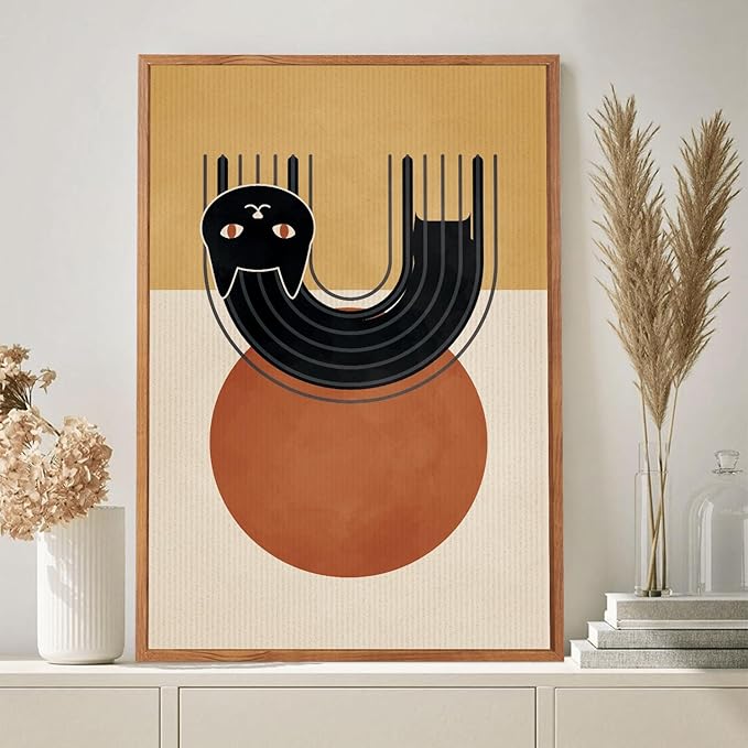 LHIUEM Boho Cat Framed Canvas Wall Art,Mid Century Animal Wall Decor,Modern Black Kitty Painting,Minimalist Orange Beige Artwork for Living Room,Bedroom,Dining Room -16"x24"x3