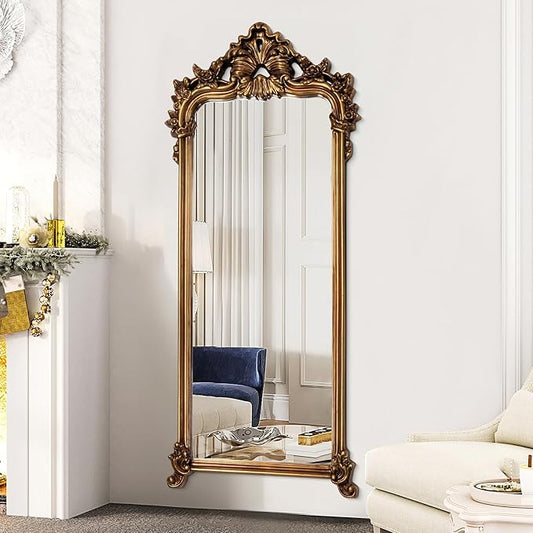 Large Gold Vintage Mirror, 66"x28" Arch Full Length Mirror with Ornate Lightweight PU Frame, Traditional Carved Top Decorative Mirrors for Living Room Dining Room Bedroom Entryway