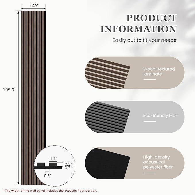 4 Pack 105.9" x 12.6" x 0.8" Acoustic Wall Panels Sound Absorbing, Wood Slat Wall Panels for Wall Decor, Soundproof Wood Wall Panels, Natural Walnut