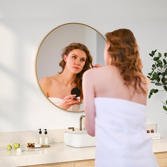 30" Gold Round Mirror for Wall, Large Circle Bathroom Mirror for Over Sink, Matte Gold Metal Frame, HD Eco-Friendly Glass, Contemporary Vanity Entryway Hallway Living Room Home Decor, Easy to Hang