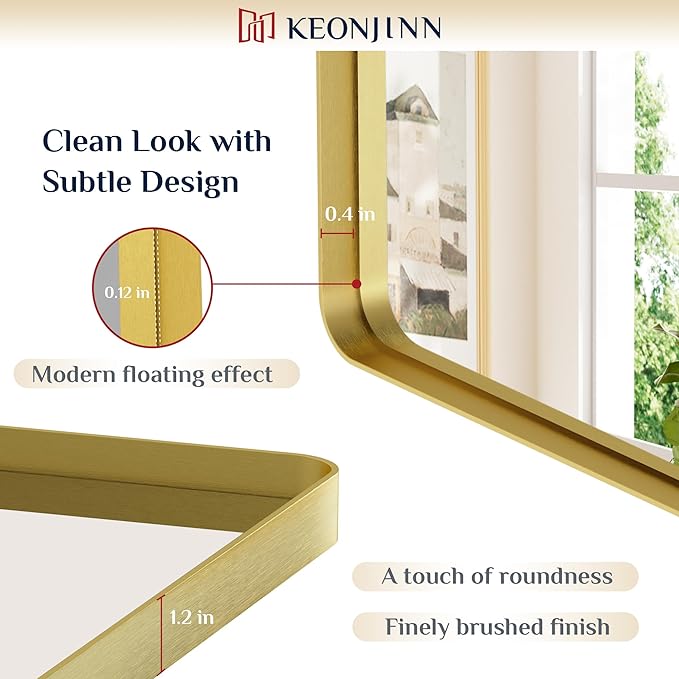 Keonjinn Gold Bathroom Mirrors for Over Sink, 40” x 30” Brushed Brass Mirror, Large Rounded Rectangle Gold Vanity Mirror with Metal Frame, HD Tempered Glass Modern Wall Mirror(Horizontal/Vertical)