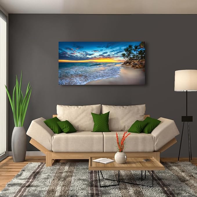 Beach Sunset Pictures Canvas Wall Art For Living Room Bedroom Wall Decor,Sunset Wall Art Print Paitnings for Home Decor,Morden Artwork Palm Coconut Tree Canvas Art Ready to Hang-28x57 Inches