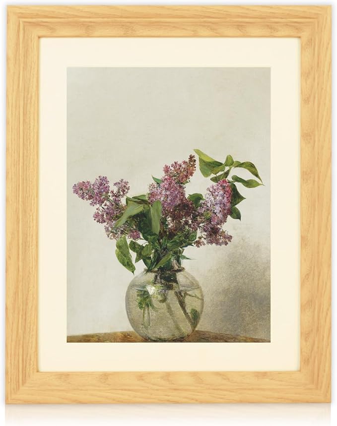 Brivoria Framed Canvas Wall Art Vintage Decor, Delicate Lilac Blossoms in Glass Vase Classical French Country Painting Prints for Bedroom Entryway Kitchen Hallway Decor, 13"x16"