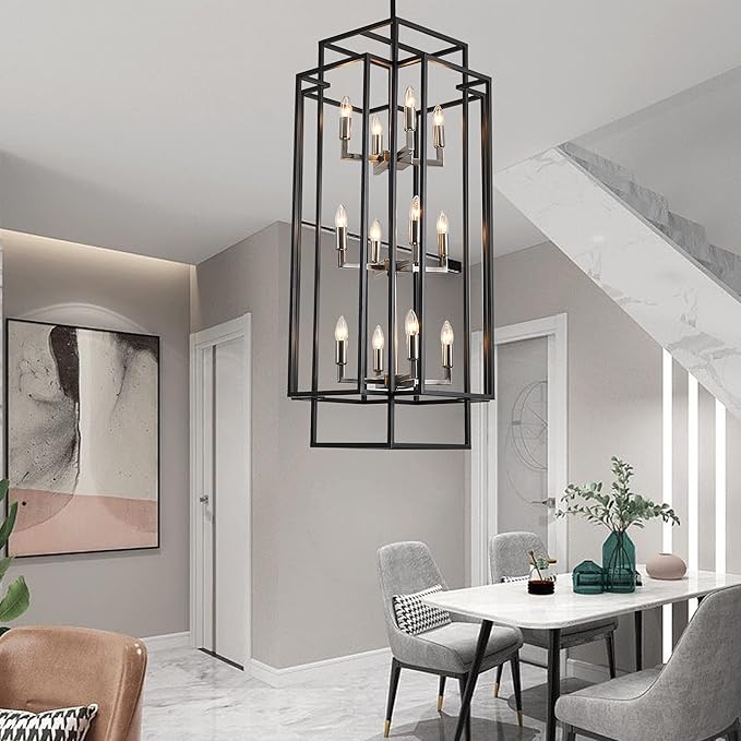 12 Lights Pendant Light, Metal Lantern Island Light, Vintage Black Ceiling Light, Industrial Tiered Hanging Light Fixture, Farmhouse Chandeliers for Dining Room, Living Room, Kitchen