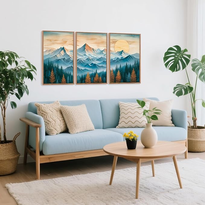 CHDITB Mountain Landscape Framed Canvas Wall Art Set, Nature Forest Inspired Wall Decor, Sunset Art Spiritual Wall Painting, Vintage Woodcut Art Prints for Living Room, Bedroom, Office-16 x24 x3