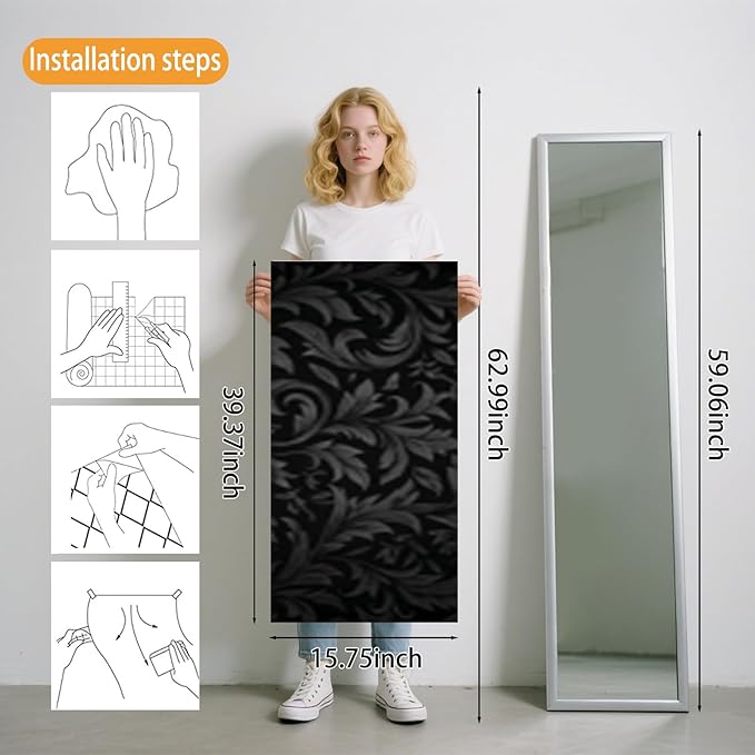 Nuxovilar Black Damask Floral Textured Peel and Stick Wallpaper, 15.75"x39.37", Self-Adhesive Contact Paper, Vintage Elegant Pattern for Bedroom, Living Room and Table Decor