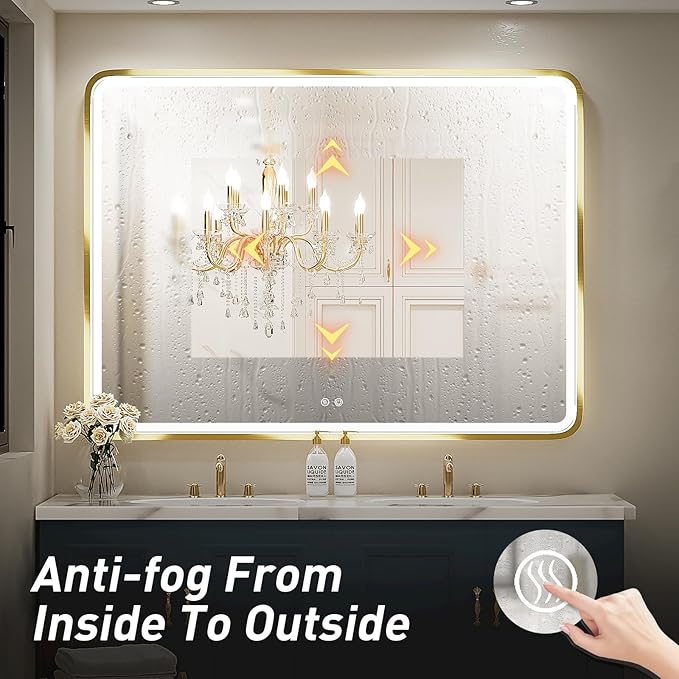 48X36 Inch LED Bathroom Mirror,Wall Mounted Lighted Vanity Mirrors with Non-Rusting Gold Metal Frame Anti-Fog Memory Funtion Stepless Dimmable(Horizontal/Vertical)