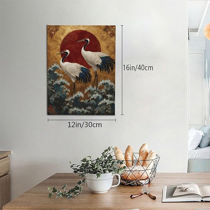 Japanese Crane Wall Art Gold Oriental Asian Wall Decor Sandhill Crane Canvas Pictures Paintings Prints Japan Traditional Aesthetic Artwork Framed Chinese Decorations For Bedroom Living Room Office Gifts 12" x 16"